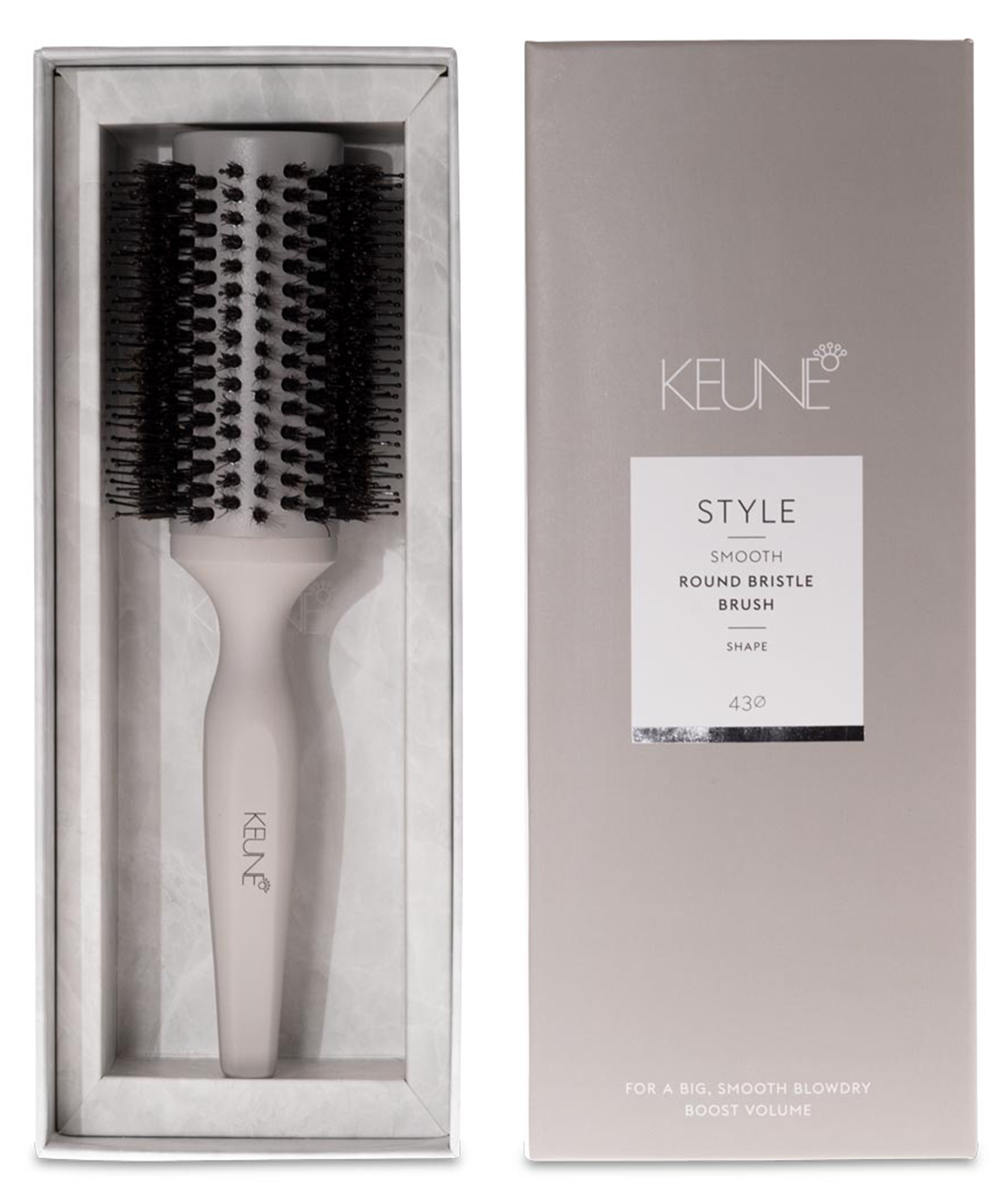 With the KEUNE THERMAL BRISTLE BRUSH 43MM, a professional hairbrush, you achieve exceptionally smooth blowouts and volume hairstyling. It smooths and polishes the hair. Keune.ch.