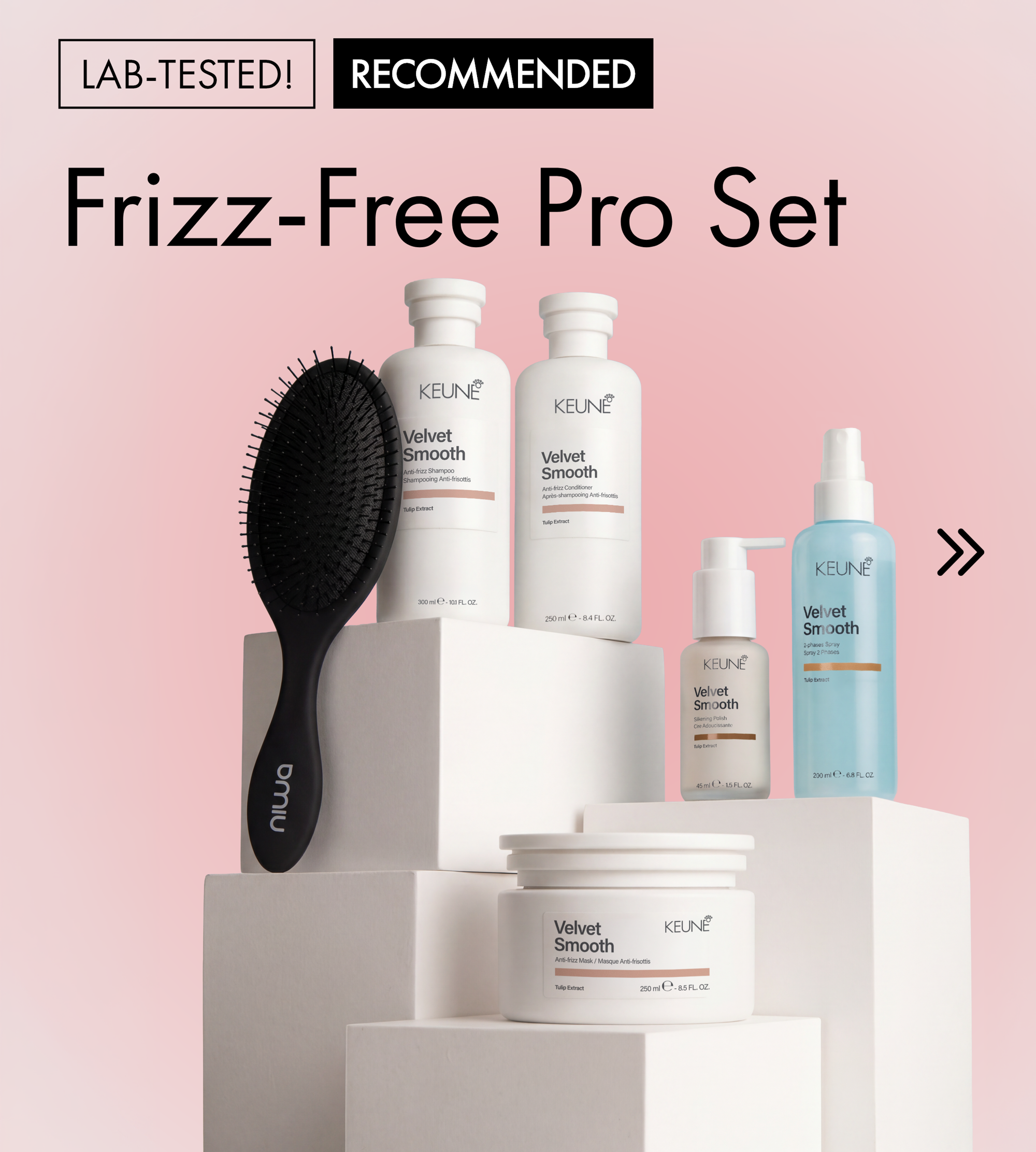 Keune Frizz-Free Pro Set with detangler brush for smooth, silky hair.